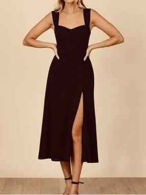 Park and Fifth Hanstings Black Square-Neck Midi Dress with Front Slit